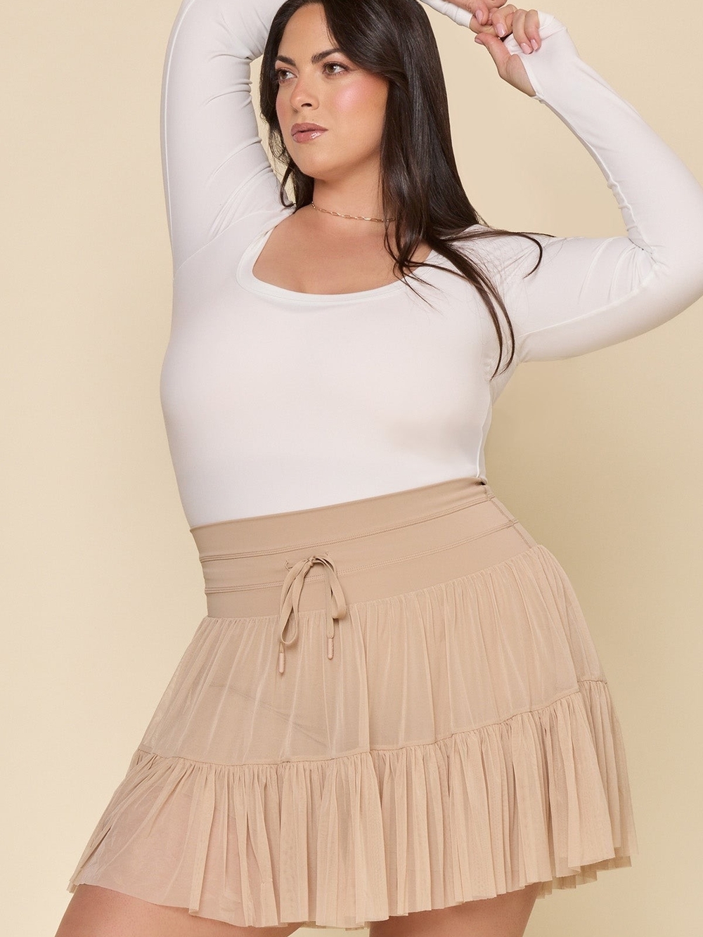 POPFLEX Beige Tiered Mini Skirt with Drawstring Waist
